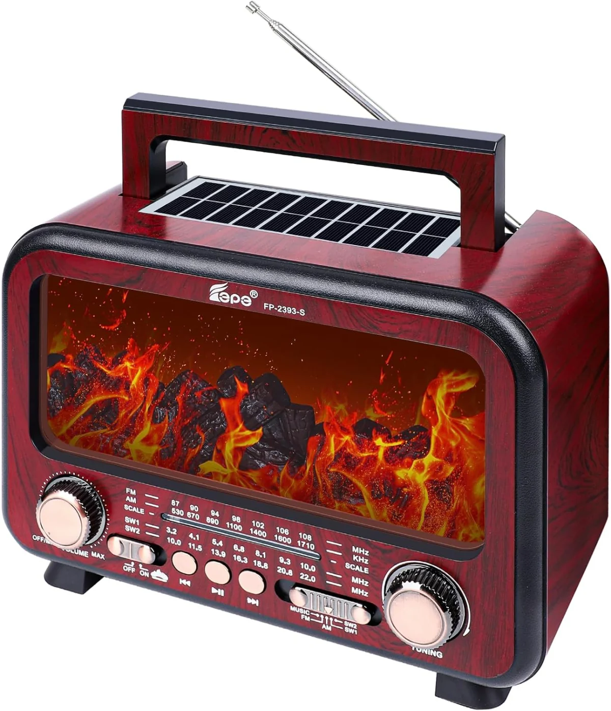 Alev Efektli Nostaljik Bluetooth Radyo | Güneş Enerjili